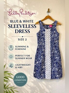 Lilly Pulitzer Blue White Sleeveless Lace Panel Dress Size 2